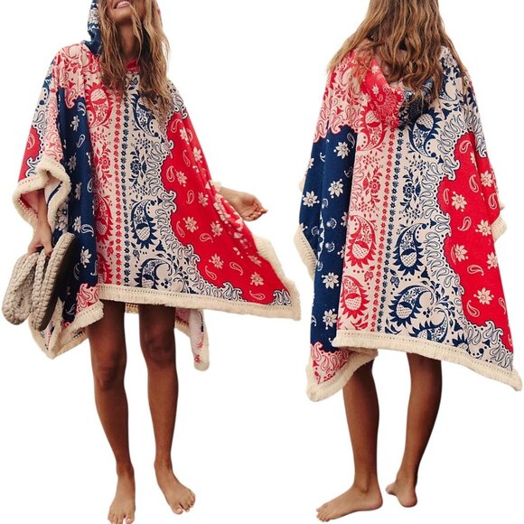 Agua Bendita Other - Agua Bendita, Women’s ‘Delailah’ Towel Poncho Cover-Up Paisley Blue/Red One Size